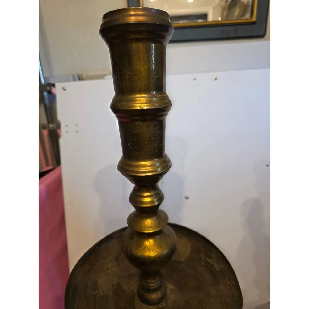 Moroccan Etched Brass Pillar Floor Altar Candlesticks Candle Holders Set Vintage